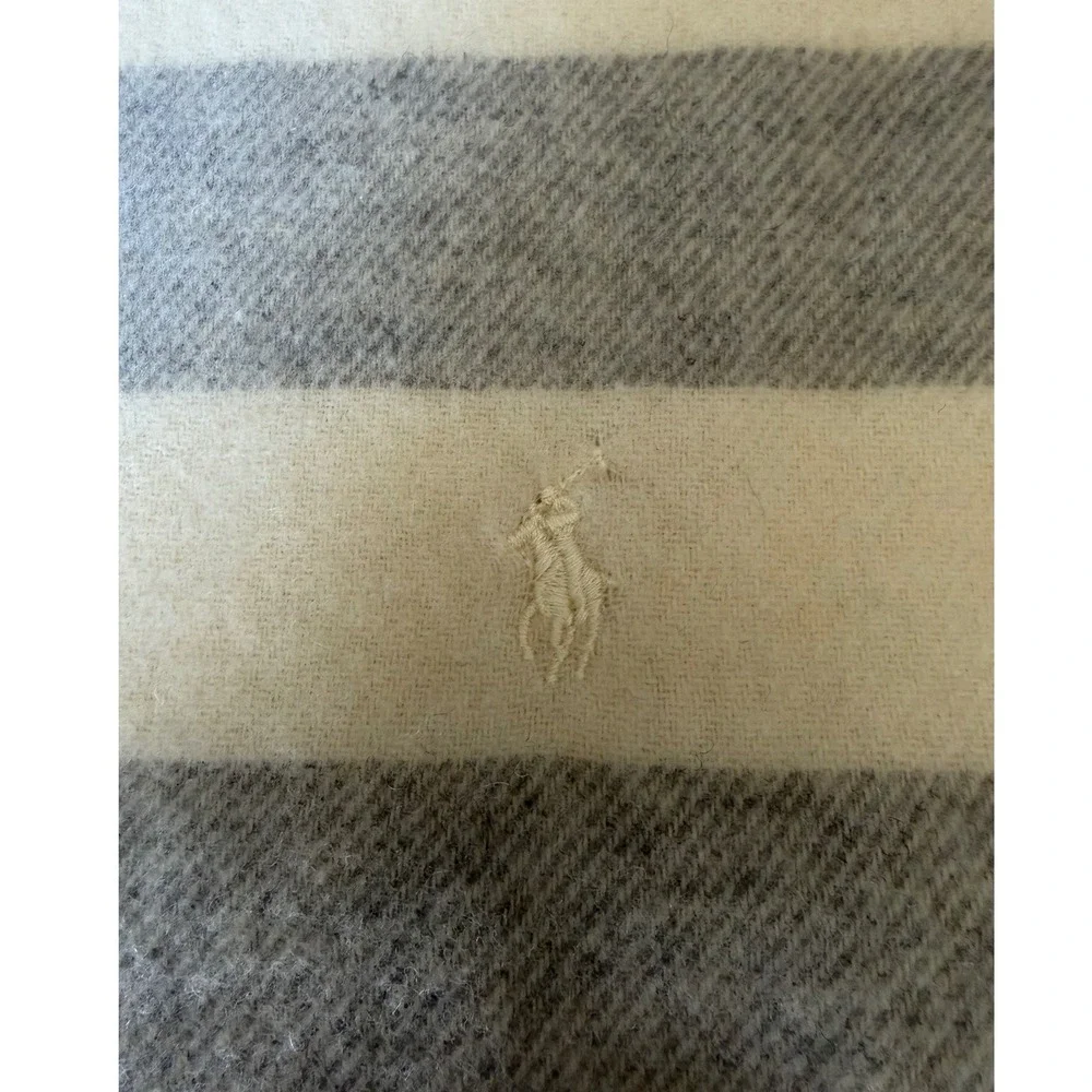 Polo Ralph Lauren Scarf Made in Italy Wool Striped Grey Cream Pony Logo Fringe